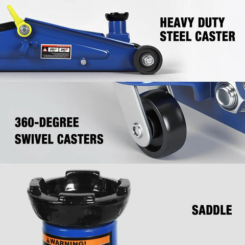 Close-up of 3 Ton Hydraulic Floor Jack with 6000 lb capacity showing heavy-duty steel casters, swivel casters, and saddle feature