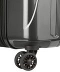 Bottom corner of brushed charcoal hardside luggage with dual spinner wheels