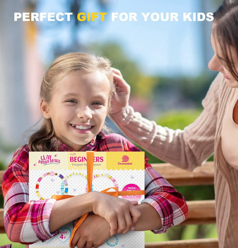 Girl holding Starter Jewelry Making Kit With Thousands Of Polymer Clay Beads And Charms For Bracelets And Diy Jewelry Super Easy
