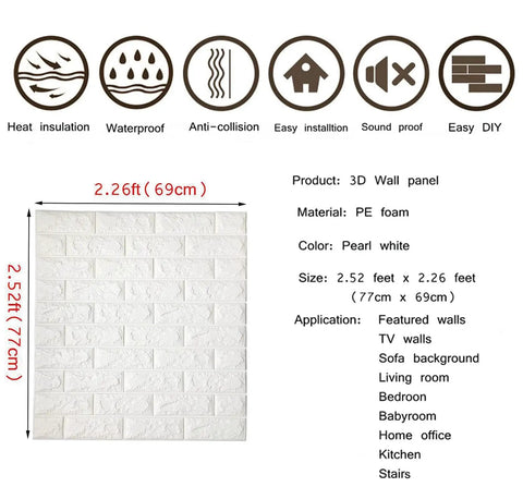 Self Adhesive 3D Foam Faux Brick Wall Panels 10 Pack Peel And Stick Waterproof Brick Tile Decor with dimensions and features.