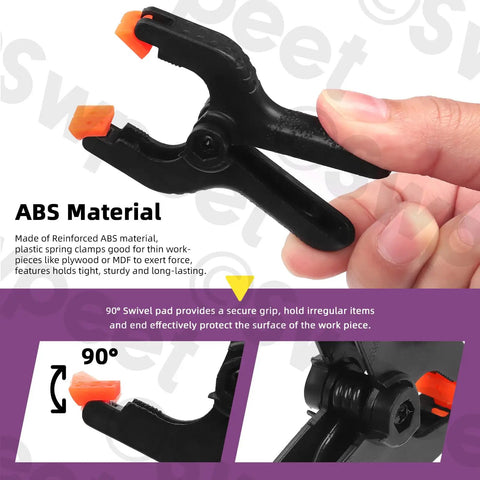 Swpeet 15 Piece Spring Clamp Set With Black Plastic Mini Clamps In Size Range From Two To Six Inches For Balloon Arcs Backdrops Woodworking And Crafting Projects ABS clamp with orange swivel pads, 90-degree grip
