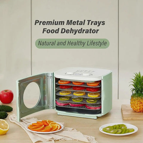 Built Tough 5 Tray Food Dehydrator With No Fuss Digital Timer And Precise Temperature Control Slick Stainless Steel Racks showing dried fruit slices