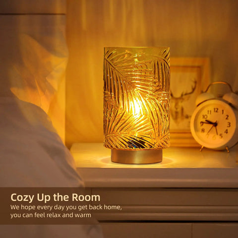 Cordless Battery Powered Table Lamp With LED Bulb And Timer Delivers A Lit Glow Leaf Veined Glass Nightlight In Soft Yellow With Gold Base