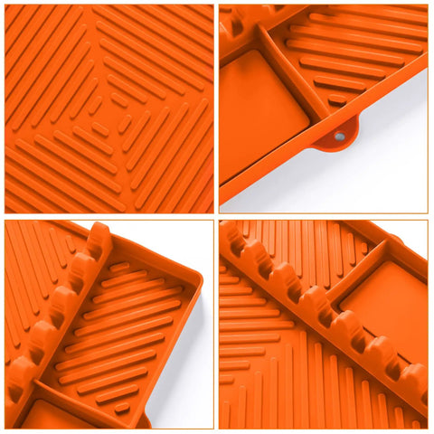 Close-up of orange Silicone Griddle And Grill Mat With Drip Pad For Grill And Kitchen 16 By 11 Point 5 Inch with ribbed texture