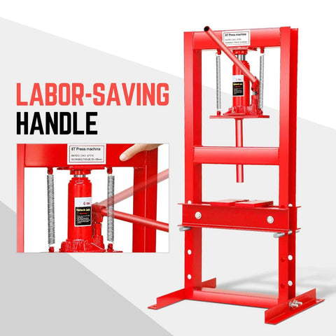 DNA Motoring hydraulic 6-ton H-frame shop press with red steel frame and base stand.