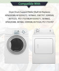 Dryer Drum Support Roller Shaft kit replacements for Whirlpool Kenmore Sears models, compatible with various appliance serials.