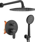Black Shower System With Pressure Balance Valve And 10 Inch Stainless Steel Rain Shower Head 5 Mode Handheld Spray