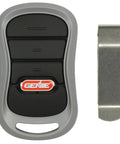 Three Button Intellicode Garage Door Opener Remote With Rolling Code Security No Fuss Auto Seek Dual Frequency Easy Install Replacement For Genie Openers Single Pack beside metal clip.
