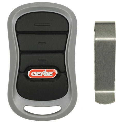 Three Button Intellicode Garage Door Opener Remote With Rolling Code Security No Fuss Auto Seek Dual Frequency Easy Install Replacement For Genie Openers Single Pack beside metal clip.