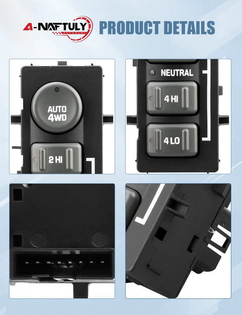 Upgrade Your Ride With This 4x4 4WD Switch Replacement, The Easy 4 Wheel Drive Selector Replacing 19168767 And 901062, Transfer Case Switch For Smooth 2WD To 4WD Shifts On Any Terrain. Black plastic 4WD selector switch with 2HI, 4HI, 4LO, and AUTO labels