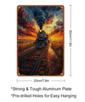 Steam Locomotive Sunset Railway Posters Aluminum Metal Signs 8 By 12 Inch Wall Decor For Living Room Bedroom And Bathroom Dope Vintage Train Art Gift Idea, showing a vintage train at sunset on metal sign.