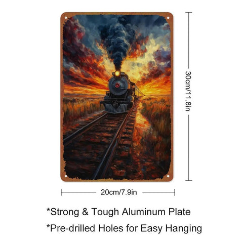Steam Locomotive Sunset Railway Posters Aluminum Metal Signs 8 By 12 Inch Wall Decor For Living Room Bedroom And Bathroom Dope Vintage Train Art Gift Idea, showing a vintage train at sunset on metal sign.