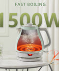 Electric Tea Kettle 1500W 1L Fast Boil Stainless Steel BPA Free Teapot With Auto Shut Off Boil Dry Protection Retro Small Design Ideal For Quick Morning Coffee And Tea Energy Efficient 304 Stainless Interior No Plastic Contact boiling water on table.