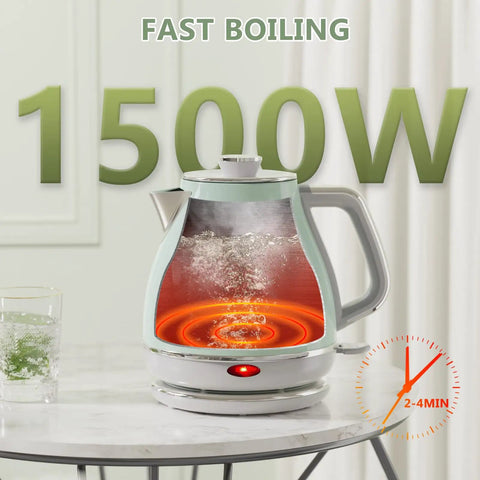 Electric Tea Kettle 1500W 1L Fast Boil Stainless Steel BPA Free Teapot With Auto Shut Off Boil Dry Protection Retro Small Design Ideal For Quick Morning Coffee And Tea Energy Efficient 304 Stainless Interior No Plastic Contact boiling water on table.