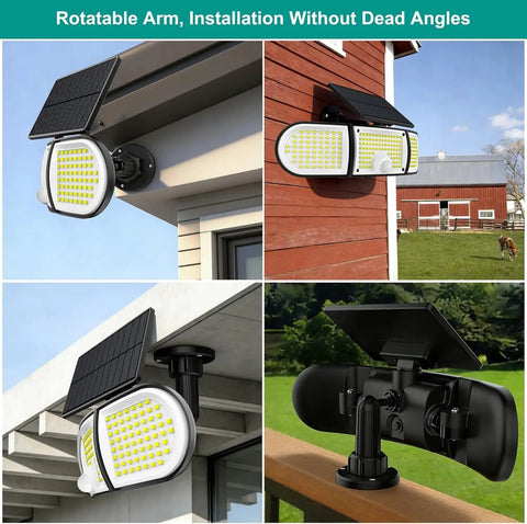 Solar Motion Sensor Outdoor Flood Lights With 3000 Lumen Output And Three Adjustable Heads mounted on various walls.