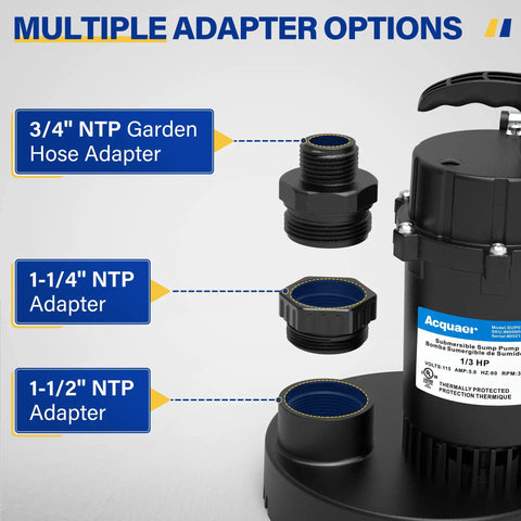 Multiple adapters for Beast Submersible Sump Pump For Clean And Dirty Water With Automatic Float Switch, 3040 GPH