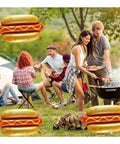 Picnic scene with people grilling, surrounded by Six Pack Hot Dog Balloons Set For Food Theme Parties, Summer BBQs And Picnic Decor.