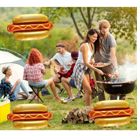 Picnic scene with people grilling, surrounded by Six Pack Hot Dog Balloons Set For Food Theme Parties, Summer BBQs And Picnic Decor.