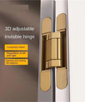 Close-up of 4 Pack Invisible Concealed Door Hinges With 3D Cross Adjustment, installed on a door, in gold finish, 180 kg load rating.
