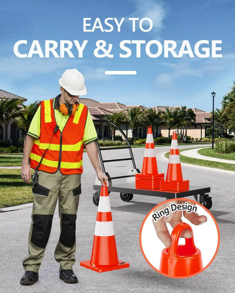 Worker holding a 10 Pack 28 Inch Traffic Safety Cone with Reflective Collars for day and night visibility, built tough for road use.