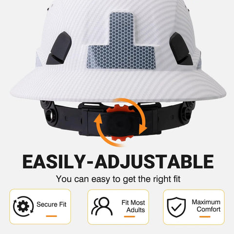 Full Brim Hard Hat With Ventilation And 6 Point Adjustable Ratchet Suspension ANSI Z89.1 Type 1 Class C OSHA Approved Safety Helmet Matte White Graphite Pattern ABS Construction For Weatherproof Worksite Rain And Sun Protection, close-up of adjustment feature