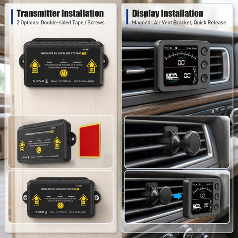 Dead Set Accurate Wireless RV Leveler With Six Axis Gyroscope Sensor And Crisp Digital Screen installation options for monitor and transmitter.