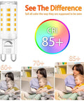 10 Pack Dimmable G9 LED Bulbs 3000K Warm White 4W G9 Base showcasing CRI85 with comparison images.