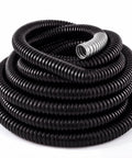 Rock Solid Black Liquid Tight Flexible Conduit For Electrical Wiring And Cable Management 25 Foot 1 Inch Galvanized Steel Hose looped for easy installation.