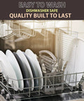 Two Pack Stainless Steel Cooling Rack For Baking 16x10 Inches, fits in dishwasher with plates and utensils, showing ease of cleaning.