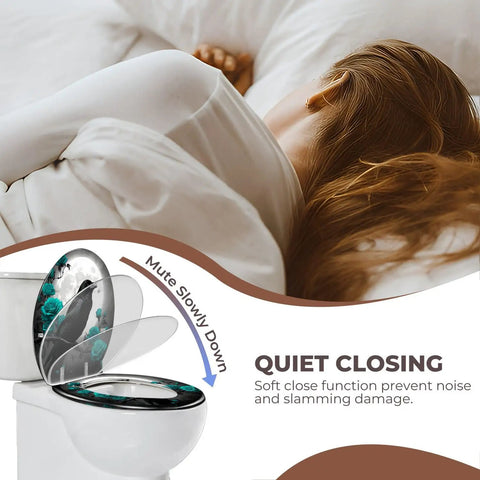 Round Decorative Toilet Seat for Bathroom with soft close feature and floral design next to a person sleeping.