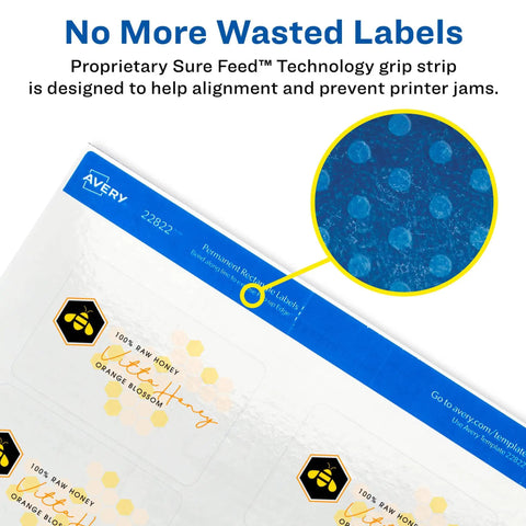 Customizable Two By Three Inch Rectangle Labels Glossy Crystal Clear Finish That Really Pops Colors Perfect For Party Favors Gift Labels Mailing Labels And Product Labeling Full Bleed Print Ready 80 Customizable Labels with Sure Feed technology displayed.