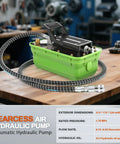 Foot Operated Air Hydraulic Pump 10,000 PSI Heavy-Duty With Three Eighths Inch NPT Outlet, green base, on workbench