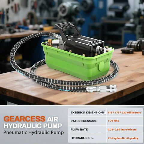 Foot Operated Air Hydraulic Pump 10,000 PSI Heavy-Duty With Three Eighths Inch NPT Outlet, green base, on workbench