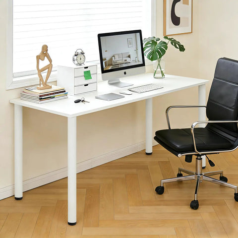 Beefy Adjustable Metal Desk Legs For DIY Office Desks Workbenches And Dining Tables With 1 Inch Leveling Feet 27.5 Inch High Set Of 4 White Finish For A Solid Wobble Free Workspace supporting a white desk in office setting