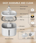 Exploded view of Ultra Quiet Cat Water Fountain With 84oz Capacity, showing components like shower head, filter, USB adapter.