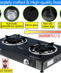 Propane Stove 2 Burner Gas Cooktop With Auto Ignition 26000 BTU, detailed features and setup requirements displayed