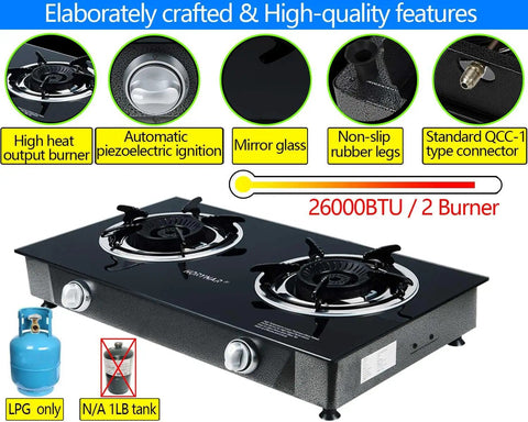 Propane Stove 2 Burner Gas Cooktop With Auto Ignition 26000 BTU, detailed features and setup requirements displayed