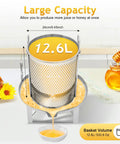 Manual Honey Press Extractor For Beeswax And Honeycomb Drums Stainless Steel Kitchen Tool With 532.6 Oz Capacity displaying size and honey flow.