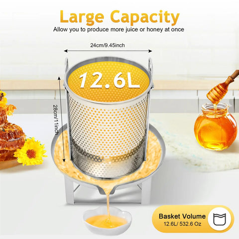 Manual Honey Press Extractor For Beeswax And Honeycomb Drums Stainless Steel Kitchen Tool With 532.6 Oz Capacity displaying size and honey flow.