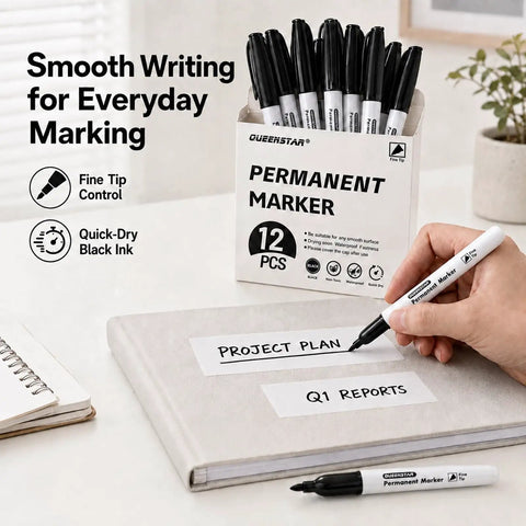 Black Permanent Markers 12 Pack Quick Dry Waterproof Ink For Office School Warehouse And Any Surface Like Plastic Metal Wood Glass Tiles And Fabric Stays Put Smudge Resistant Bold Marks Last Through Water Fading And Everyday Wear, 12 markers in box