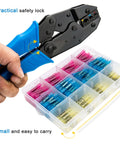 Butt connectors crimp tool; angled side view with clear organizer box of heat-shrink connectors in pink, blue, yellow
