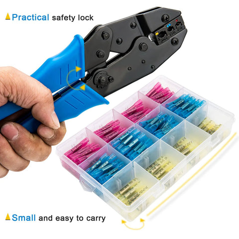 Butt connectors crimp tool; angled side view with clear organizer box of heat-shrink connectors in pink, blue, yellow