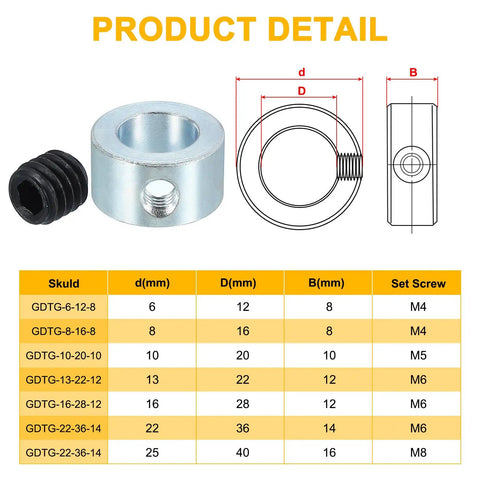One Half Inch Bore Shaft Collar Seven Eighths Inch Outer Diameter One Half Inch Thick Ten Pack Carbon Steel Zinc Plated With M6 Set Screws And Wrench For Machine Tools Landing Gear Stopper Wheel Collar