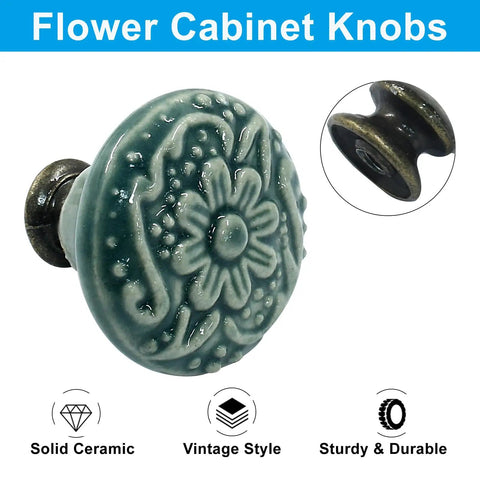 Green Ceramic Knobs And Pulls For Drawers, Dressers, Cupboards And Closets 34mm 1.3in Diameter Set Of 4 With Flower Design