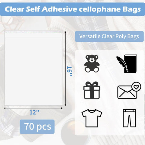 Image displaying Clear Poly Bags For Clothes Set Of 70 12x16 Inches Resealable Shirt Bags with size dimensions and icons