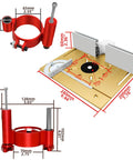 Built Tough Durable Aluminum Router Table Insert Plate dimensions with red flip plate and lift base for precision woodworking.