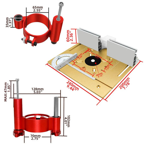 Built Tough Durable Aluminum Router Table Insert Plate dimensions with red flip plate and lift base for precision woodworking.