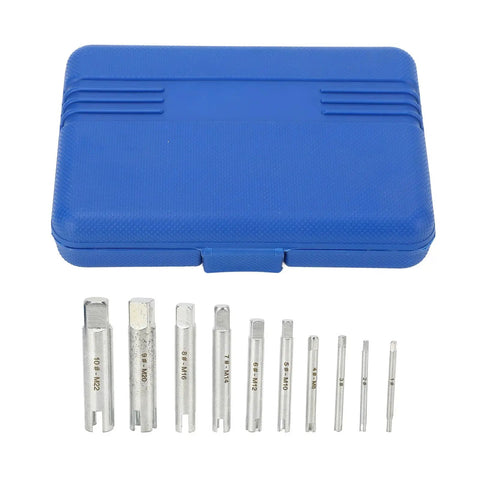 Rock Solid 10 Pcs Screw Tap Extractor Set Made From Quenched Alloy Steel For Easy Removal Of Broken And Stripped Bolts In Any Tough Repair Job With Sturdy Storage Case Included, blue case and extractors
