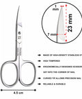 Curved Micro Serrated Eyebrow Scissors Made From Surgical Grade Stainless Steel with dimensions 9.5 cm x 4.5 cm and detail zoom