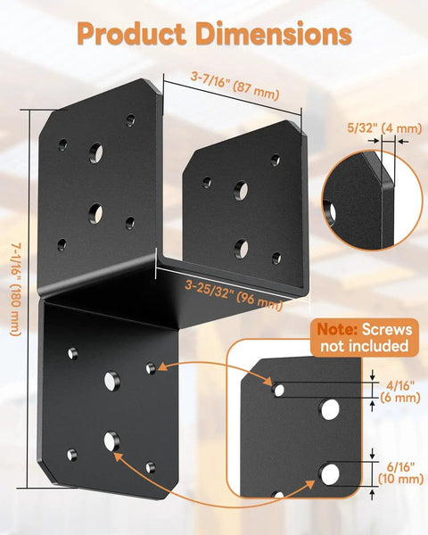 Beefy Four Pack Heavy Duty 4x4 Post Anchor and Joist Connector Brackets Without Screws for Securing Wood Beams, dimensions visible